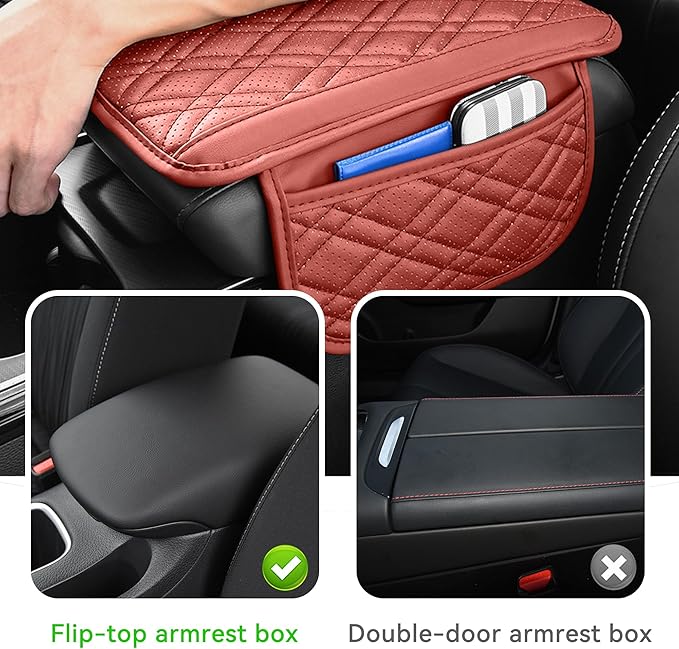 Car Center Console Cover, Leather Vehicle Arm Rest Cushion with 2 Storage Bags, Automotive Armrest Interior Seat Box Pad Accessories, Universal for SUV, Sedan, Truck (Red)