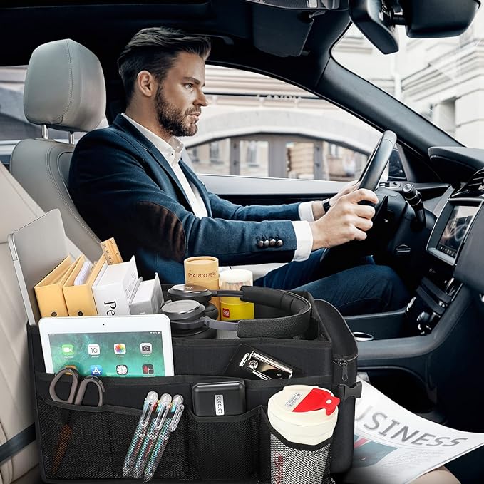 Car Seat Organizer for Back Seat Front Seat Between Seats,Car Storage Organizer for Kids with Multi- Pockets，Collapsible,cup Holders, Removable Dividers(Black)
