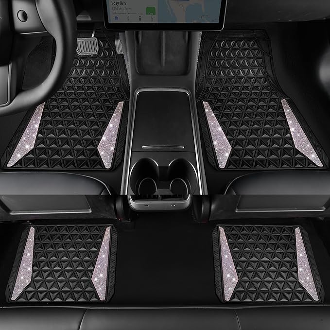 CAR PASS Bling Diamond Car Mats Rubber Floor Mats Full Set Anti-Slip 3D Rhombus Waterproof Trim Fit Liner Universal Glitter Crystal Sparkly Shining Rhinestone Girl Women SUV Sedan, Multicolor Diamond