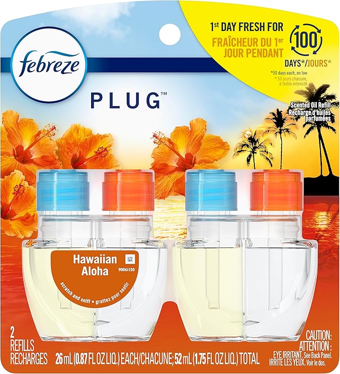 Febreze Odor-Fighting Fade Defy PLUG Air Freshener Refill, Hawaiian Aloha, (2) .87 fl. oz. Oil Refills