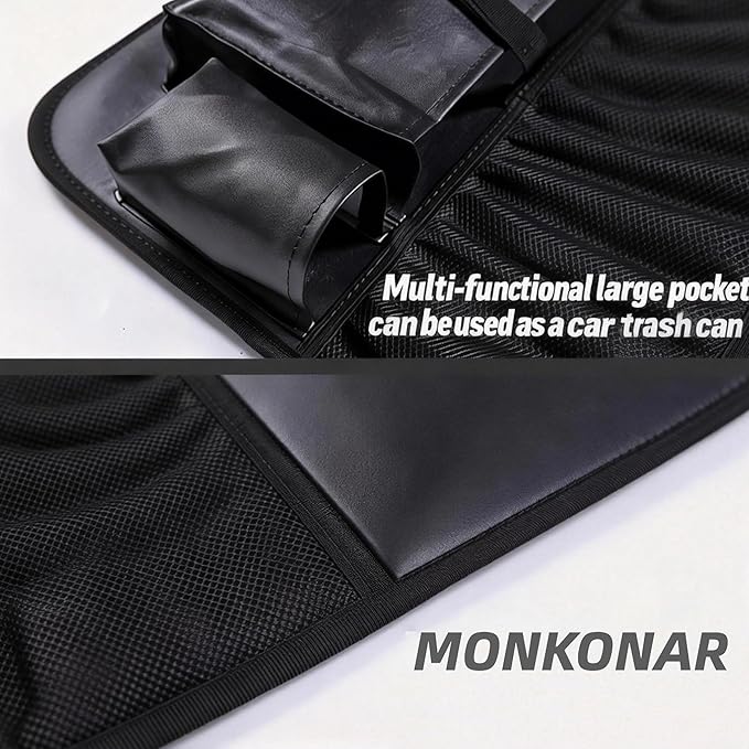 Leather Car Backseat Organizer with Tablet Holder - 9 Large Storage Pockets, Foldable Food Tray & Anti-Scratch Kick Mats - Universal Car Seat Protector for Kids, Pets & Travel Accessories 1 Pack