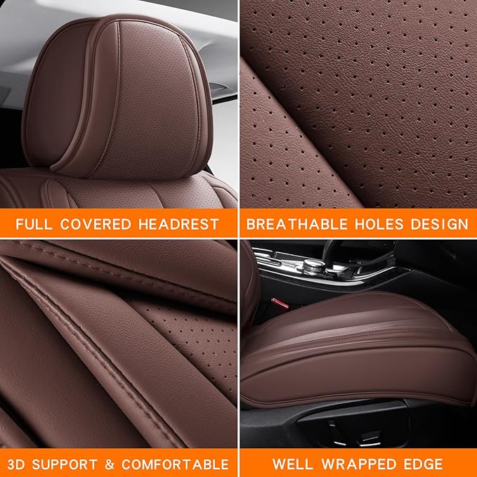 Car Seat Covers Full Set, Car Seat Cover Lumbar Support, Car Seat Protector Waterproof, Nappa Leather Car Seat Cushion, Front Seats and Back Fit for Most Cars Brown