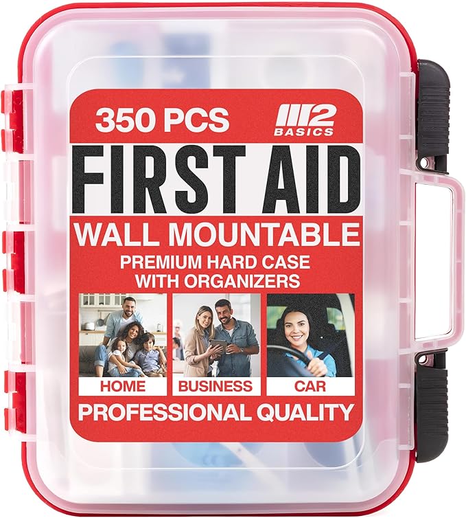 M2 BASICS 350 Piece First Aid Kit, Wall Mount Hard Case with Dual Layer Compartments for Workplace, Office, Warehouse, Home, Car