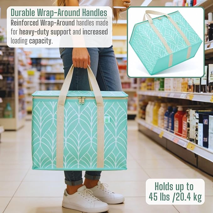 VENO 2 Pack Insulated Cooler Bag, Reusable Grocery Shopping Bag for Food Delivery, Heavy Duty, Large Size, Durable Handles, Double Zippers, Lid, Collapsible (Evergreen, 2 Pack)