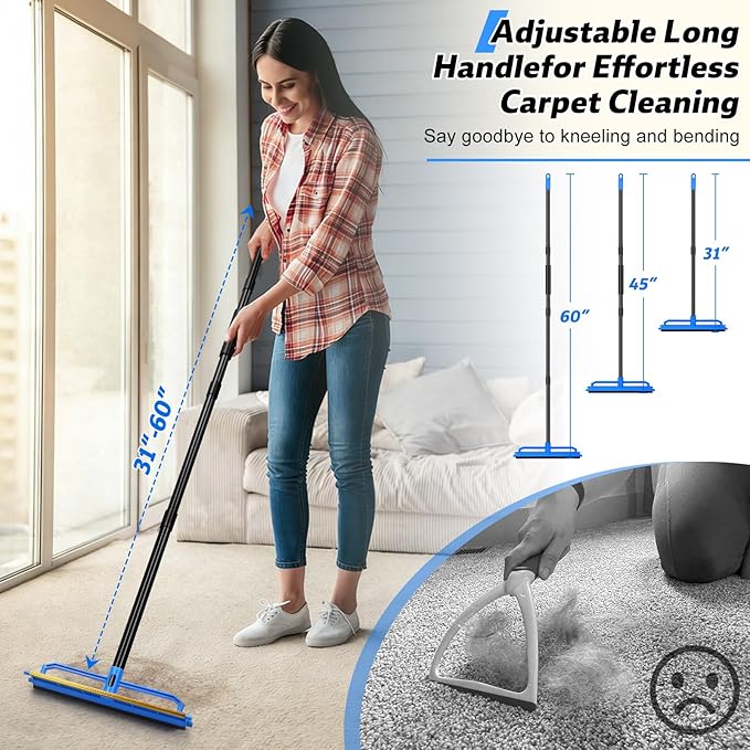 Carpet Rake for Pet Hair Removal Tool,2 in 1 Carpet Scraper Fur Sweep Dog Cat Hair Remover with 60" Long Handle for Carpets, Rugs, Couch,Sofa, Furniture,Blue