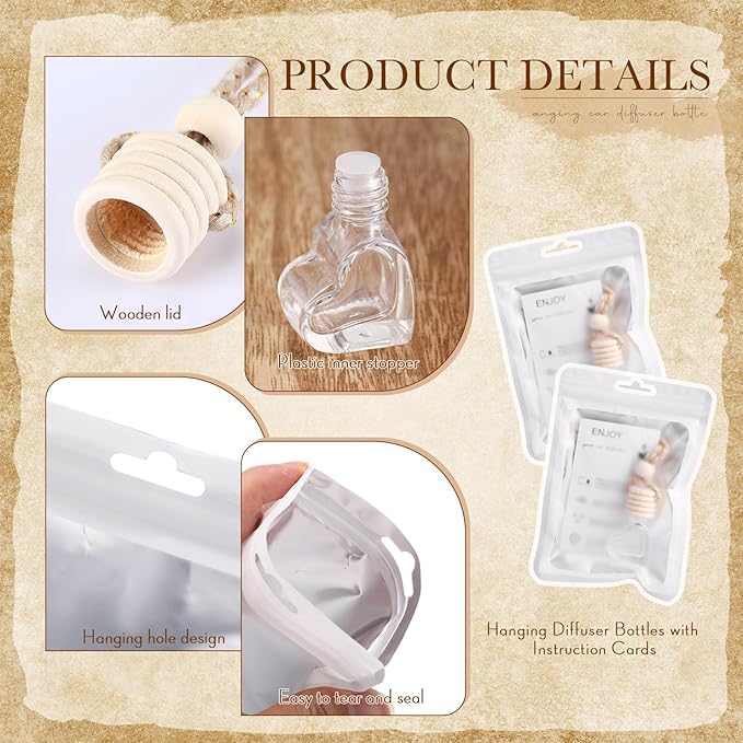 Boao 100 Sets Hanging Car Air Freshener Diffuser Bottles with Instruction Card and 4 x 6'' Resealable Holographic Bag for Empty Car Essential Oil Perfume Bottles Packaging (Heart)