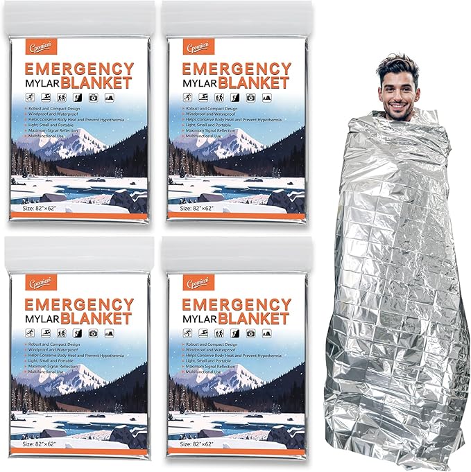 4 Pack -Large 82” x 62” Survival Emergency Mylar Thermal Blankets, Thermal Survival Blanket Perfect for Camping, Hiking, Body Insulation, Outdoors, Car Survival Kit, Bug Out Bag