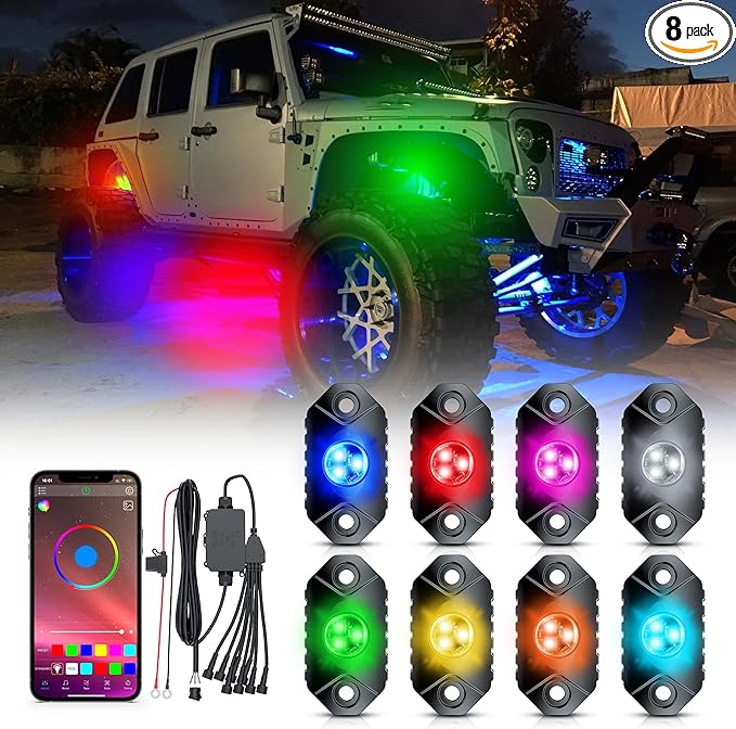 4WDKING RGB LED Rock Lights - 8 Pods Multicolor Rock Light Kit Timing, Music Mode for Underglow Off Road Car Truck Boat