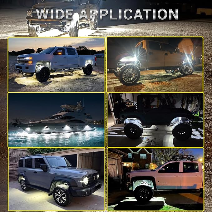 8 Pods White LED Rock Lights for with Switch Extension Harness, 6000K 24 LEDs Pure White Underglow Kit for Truck Trailer Offroad SUV UTV RZR, IP68 Waterproof Under Trail Rig Fender Lighting
