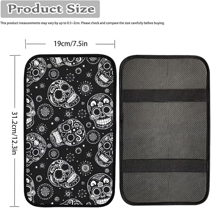 Dreaweet Halloween Center Console Cover for Car Hippie Skull Black Arm Rest Cover Pad Horror Car Accessories Decor Universal Armrest Cover for Cars Trucks SUV Sedan