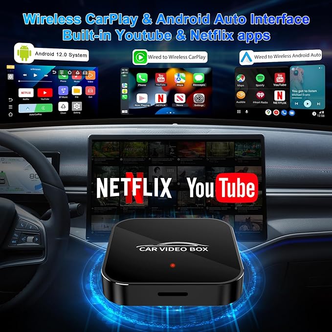 3-in-1 Wireless Carplay Adapter Support Apple CarPlay & Android Auto, Magic Video AI Box for Streaming Netflix YouTube,Upgraded Dual-Band WiFi, Converts Wired to Wireless Car Play for iPhone/Android