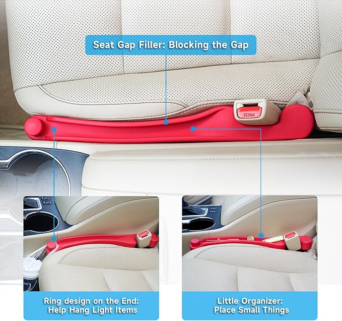 Givifive Car Seat Gap Filler Set of 2, 3IN1 Seat Side Gap Filler Plug with Storage Slot & Hook Function, Soft Foam Universal Fit Car SUV Truck Fill Gap Between Seats Console Organizer（Standard Red）