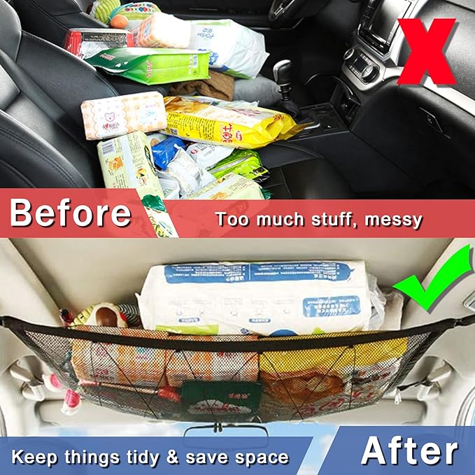 Car Ceiling Storage Net | Double Zipper, Adjustable Strap Prevent Falling, 31"x21"Double-Layer Mesh Long Road Trip Camping Van SUV Roof Cargo Pocket Organizer for Putting Quilt Toys Sundries