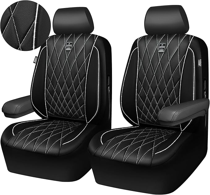 CAR PASS Piping Luxury Leather Two Front Car Seat Covers,Silver Glitter Waterproof Seat Cover Compatible with Front Seat Armrests,Universal Fit for Suvs,Vans,Trucks,Airbag Compatible(Black and Silver)