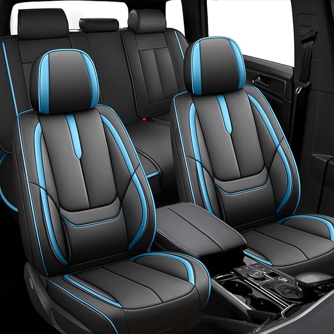 Fit for 98% of Mercedes Benz Car Seat Covers, Premium Nappa Leather Seat Cover, Fully Wrapped Protect Modern Style Seat Cover (5-Seat Standard, Black & Blue)