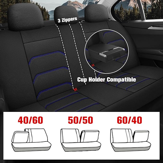 CAROMOP 3D Air Mesh Car Seat Covers Full Set,Breathable and Durable Seat Covers for Cars,Split Bench Compatible,Universal Fit for SUV,Vans,sedans, Trucks, Automotive Interior Covers(5-Seat Black/Blue)