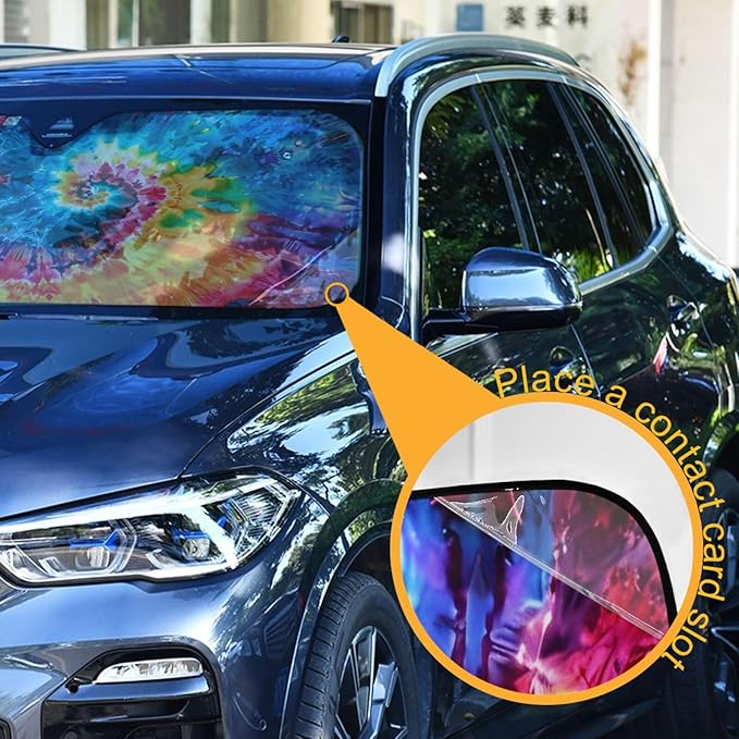 Rainbow Tie Dye Swirl Windshield Sunshade Car Sun Shade Blocks UV Rays Visor Protector Accordion Folding Sun Reflector Auto Sunshade for Truck SUV