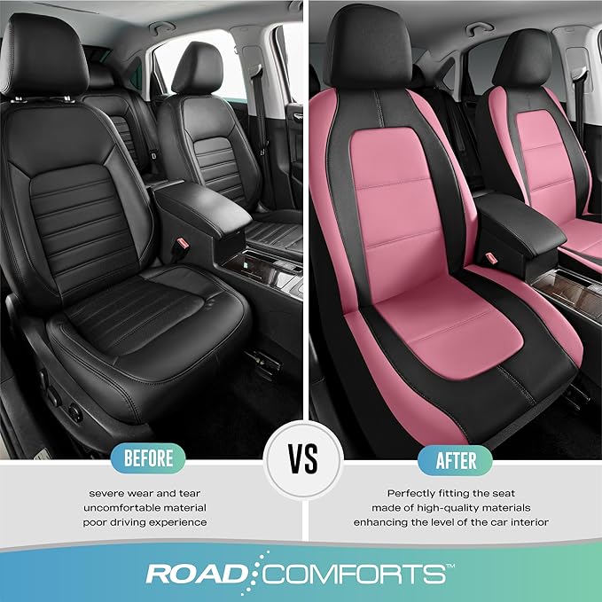 Road Comforts Car Seat Cover, Leather Car Seat Covers, Front Low Back Sport Seat Covers, Airbag Compatible, Universal Fits for Most Cars (Pink)