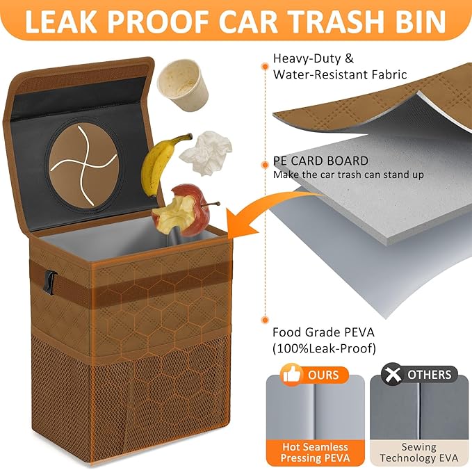Vankor Car Trash Can for Cute, Bag Bin Hanging Waterproof Automotive Car Garbage Cans Leak Proof Vehicle Trash Can Diamond Pattern-Brown