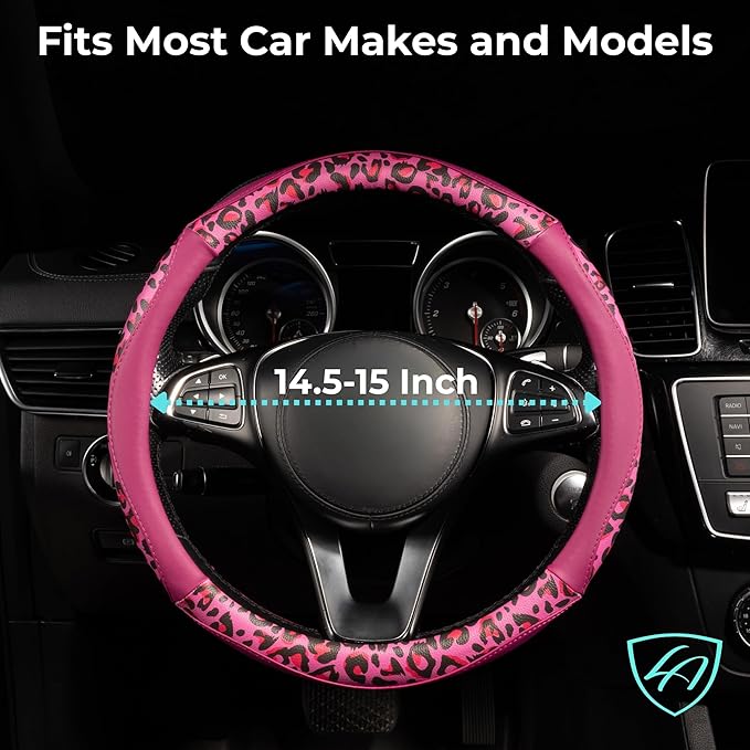Lord Autofashion Steering Wheel Cover – PU Leather, Non-Slip Rubber Inner, All-Season Comfort – 14.5–15 Inch (Black/Pink Tiger 8684)