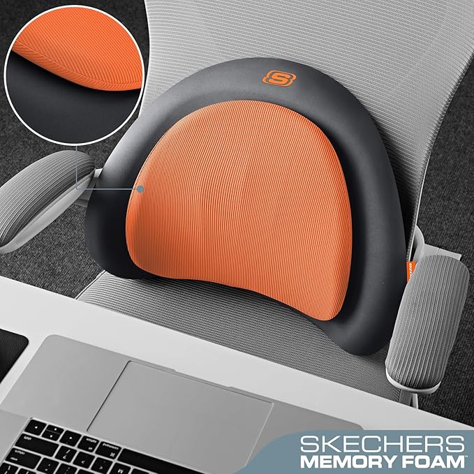 Skechers Lumbar Pillow Premium Memory Foam, Double-Layer-Office Chair Cushion for Tailbone Pain Relief,Butt Pillow for Office Chair,Car seat Cushion,Long Sitting Office Workers,and Car Drivers,Orange