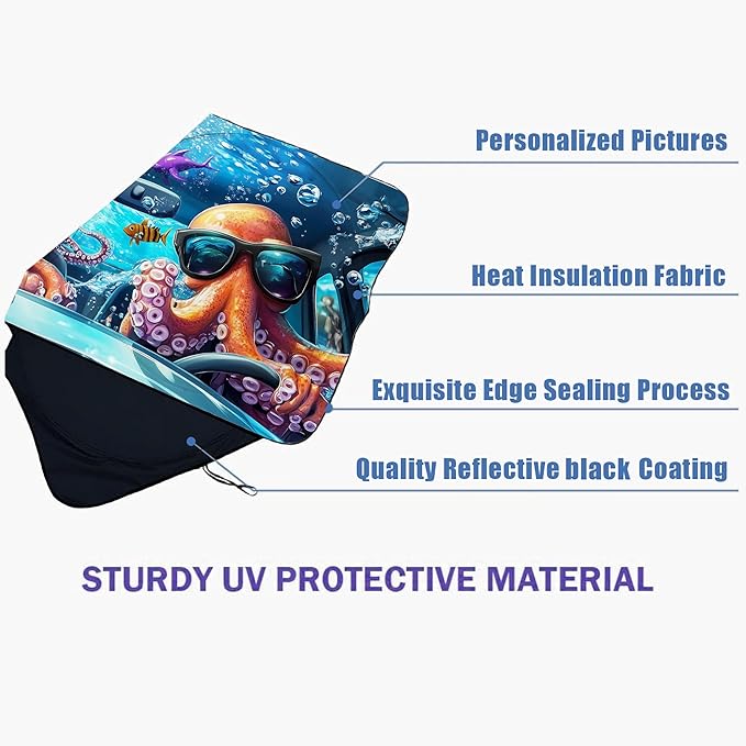 Funny Octopus Car Windshield Sun Shade Foldable Sunshade Front Window Cover Sun Visor Protector Accessories (59x27.5 inches)