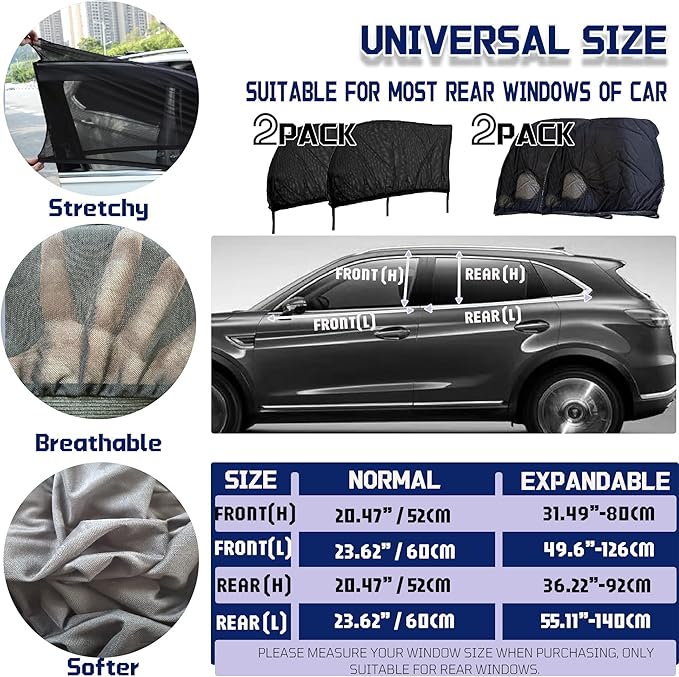 Car Window Screens for Side Windows, OUTTDID 4 Pack Side Window Sun Shades,Stretchy Mosquito Net Cover Fit Cars SUVs - Front & Rear