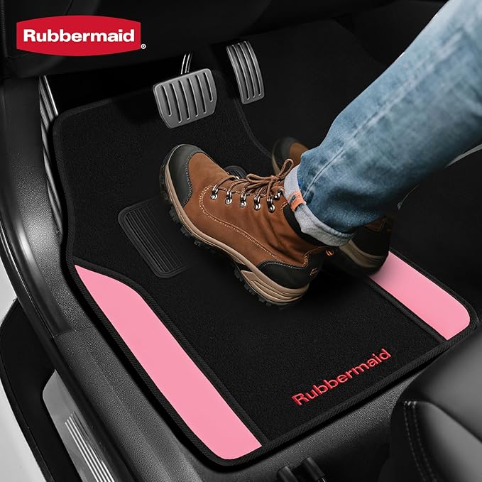 Rubbermaid Car Mats, Carpeted Floor Car Mat with Faux Leather & Built-in Heel Pad, Two-Tone Car Rug Floor Mats, Stylish Carpeted Floor Mats for Cars, Trucks & SUVs Pink Color
