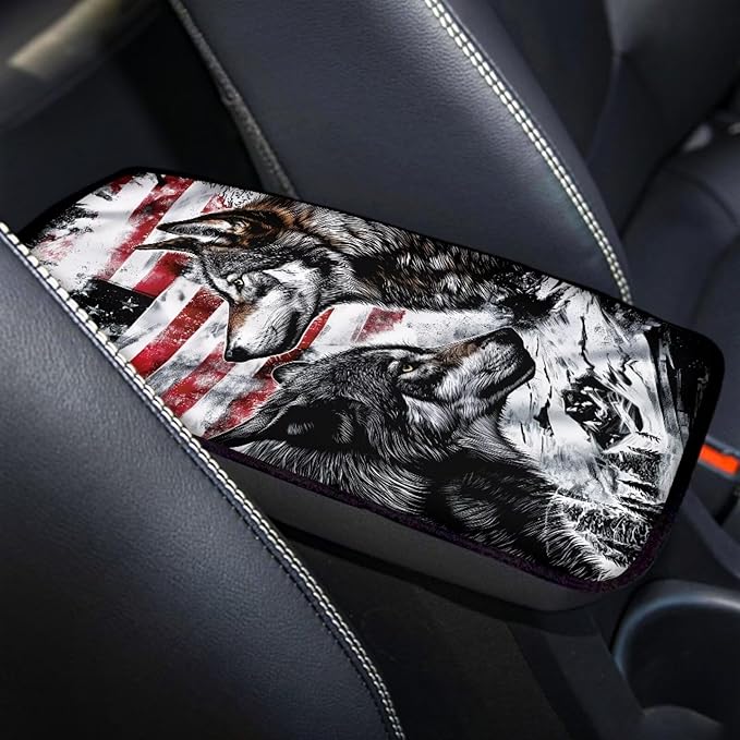 American Flag Wolf Car Armrest Cover Protector Dustproof Auto Center Console Cover Pad Universal Cars Armrest Seat Box Covers Cushion USA Flag Wolf Car Accessories Decor