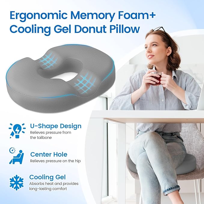 Donut Pillow Seat Cushion - Cooling Gel Outdoor Chair Cushions, Memory Foam Cushion for Office and Home, Car Seat and Patio Cushions, Hemorrhoids Pillow, Sciatica and Tailbone Pain Relief, Light Grey