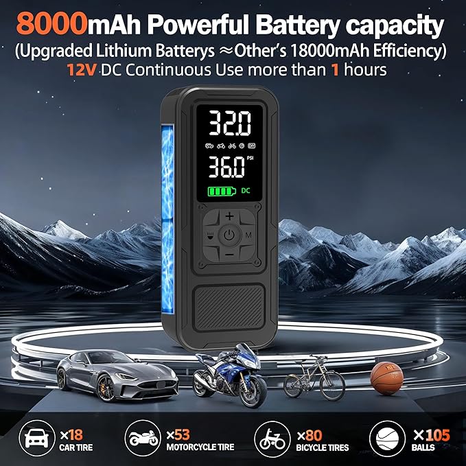 Y34 Tire Inflator Portable Air Compressor,4X Faster Inflation,8000mAh Cordless/12V DC 150PSI Air Pump with Digital Pressure Gauge for Car,Motorcycle,Bike,Ball Easter Gifts for Him