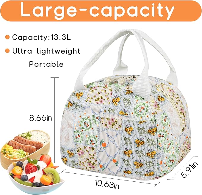 Lunch Bag for Women Insulated Lunch Box Cute Corduroy Lunch Tote Bags Reusable Large Capacity Cooler Bag for Travel Work Picnic