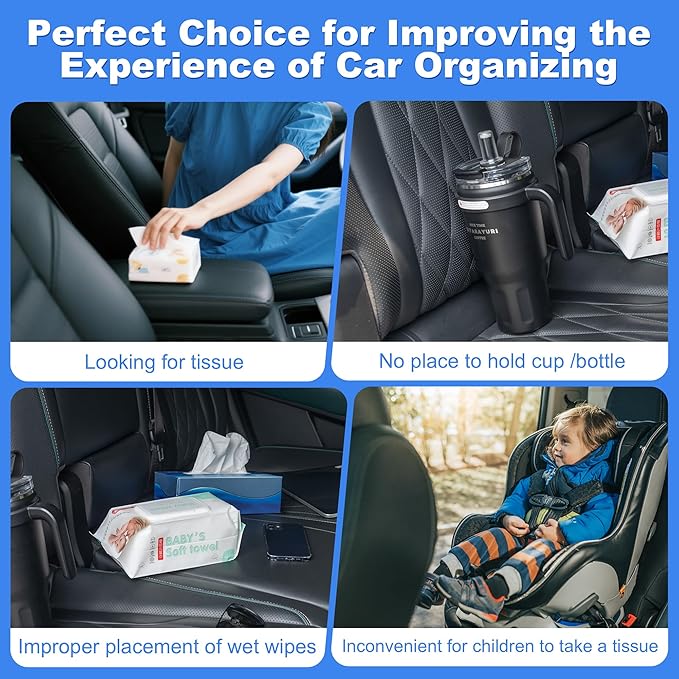 Upgraded Car Tissue Holder,Car Seat Back Organizer With Cup Holder,Premium PU Leather Headrest Seat Back Storage Fits For Kleenex Tissue Box (50-230ct)