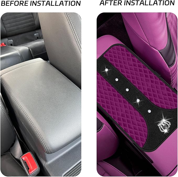 Purple Bling Car Console Cover Hot Purple Arm Rest Center Console Cushion Pad, Universal Anti-Slip Leather Armrest Box Decor Protector Crystal Sparkling Rhinestone Car Accessories(Purple)