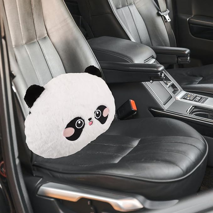 Lumbar Support Pillow for Car Seat Cushion with Cartoon Panda Cover, Plush Back Rest for Driver and Office Chair, Soft Airplane Neck Pillow for Lower Back Relief