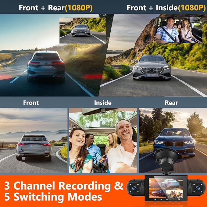 Podofo 360° Dash Cam Front and Rear Inside,4 Channel 3" IPS Touchscreen Dash Cam Front and Rear Inside Left Right,4*1080P Dash Camera with 8 IR Night Vision,Loop Recording,G-Sensor,24 Hours Recording