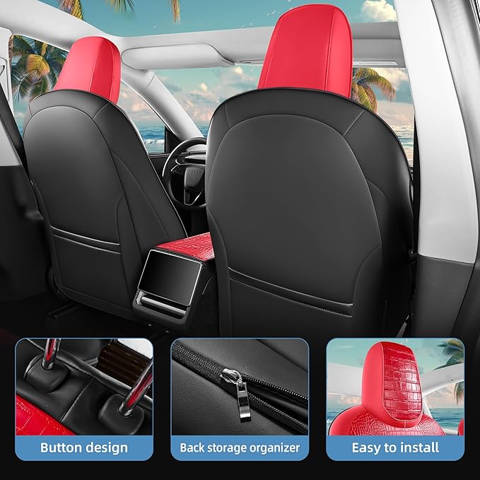 Seat Cover for Tesla Model Y Juniper 2025-2026 Custom Fit Leather Seat Cover Full Set (Crocodile Red+Black 25-26)
