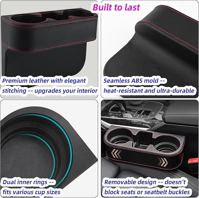 Car Cup Holder Expander & Seat Gap Filler - PU Leather Cover with Stitching, Multifunctional Front Seat Organizer, for Car Truck Van, Holds Large Cups and Phones,Prevent Dropping Items (1Pack, Black)