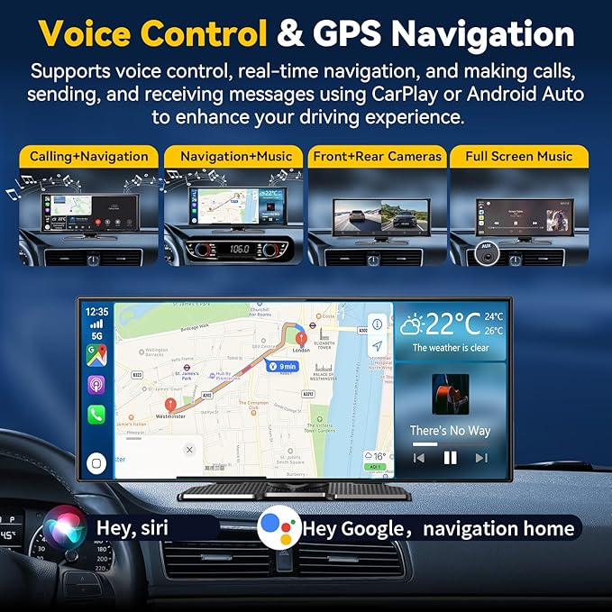 11.5" Largest Wireless Carplay HD Screen for Carplay & Android Auto Car Stereo with 4K Dash Cam 1080P Backup Camera, GPS Navigation/Bluetooth/Mirror Link/Voice Control/AUX/FM/Siri