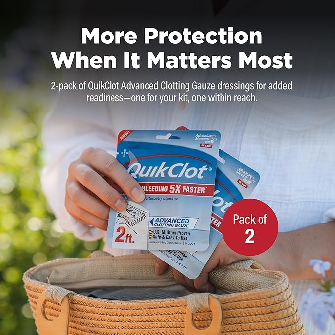 Adventure Medical Kits QuikClot Advanced Clotting Gauze - Stops Bleeding up to 5X Faster Than Standard Gauze - Kaolin Hemostatic Dressing - for First Aid Kits & Survival Gear - 3 x 24 (2 Strips)