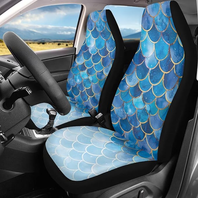 Gradient Blue Mermaid Scale Print Universal Car Seat Covers Front Seats Only for Women,Fit for Most Cars