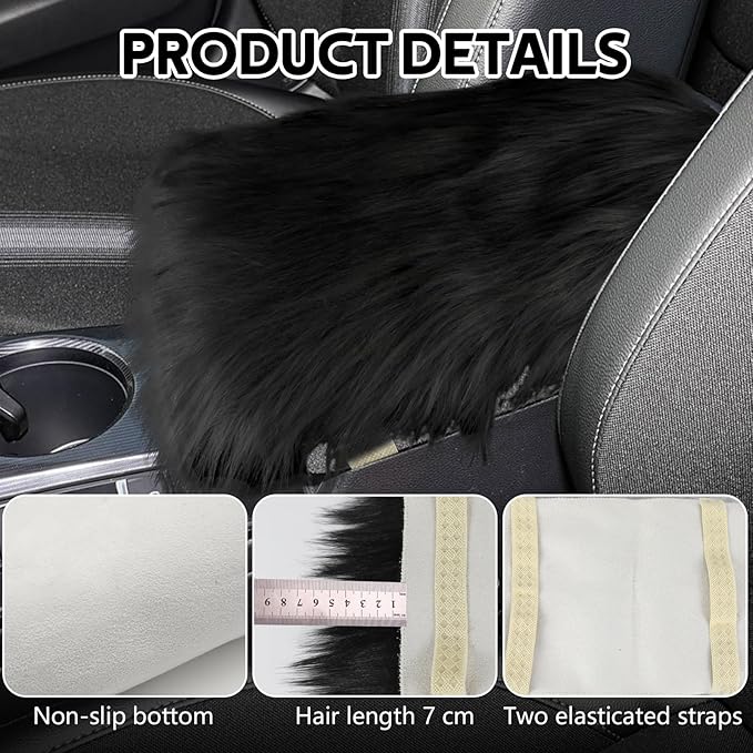 wuyaoyao Furry Car Armrest Cover, 12.1"×6.4" Soft Plush Car Center Console Cover, Winter Warm Fluffy Arm Rest Cover for Car, Auto Armrest Box Cover Protector, Universal Middle Console Pad (Black)