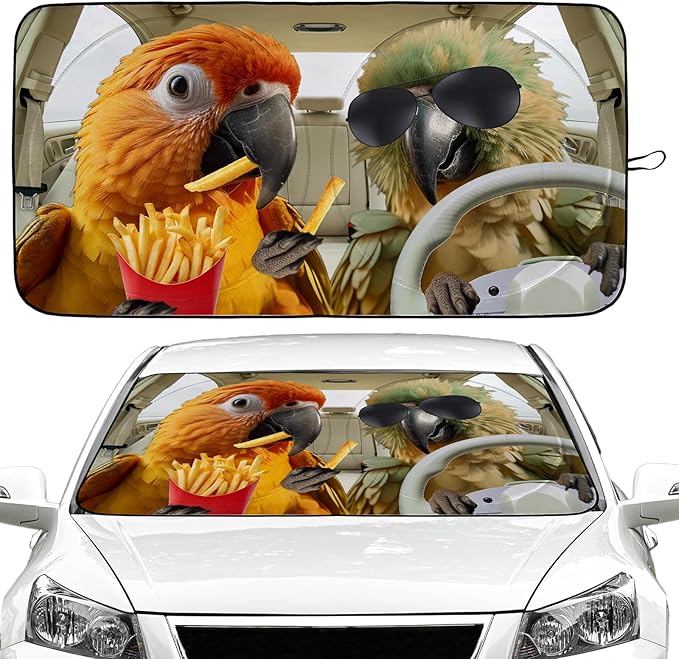 Funny Parrot Car Windshield Sun Shade Foldable Sunshade Front Window Cover Sun Visor Protector Accessories (59x27.5 inches)