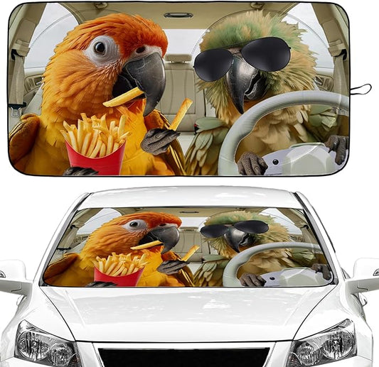 Funny Parrot Car Windshield Sun Shade Foldable Sunshade Front Window Cover Sun Visor Protector Accessories (59x27.5 inches)