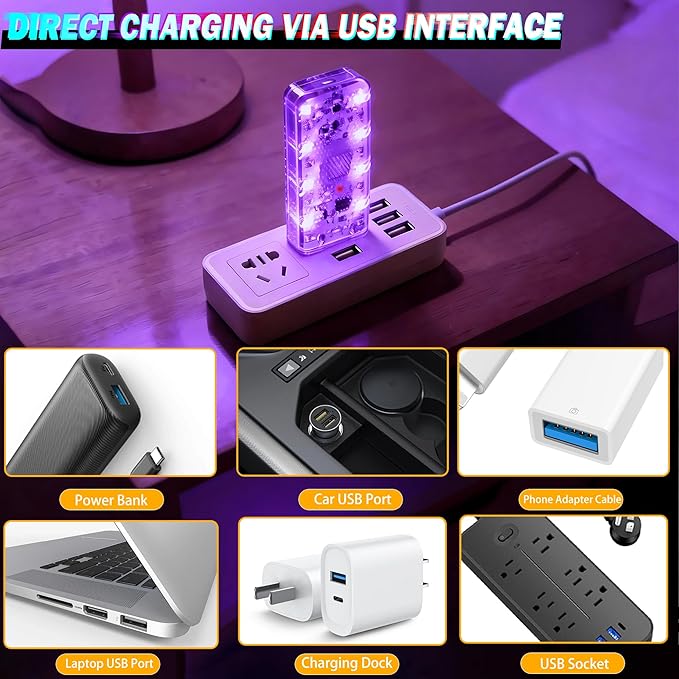 4 PCS Car LED Lights, USB Plug-in Rechargeable 8 High-Brightness LED Beads, Portable Mini Touch Control Dimmable Night Light for Car/Bedroom/Party/Holiday Decoration (2 Amber & 2 Ice-Blue)