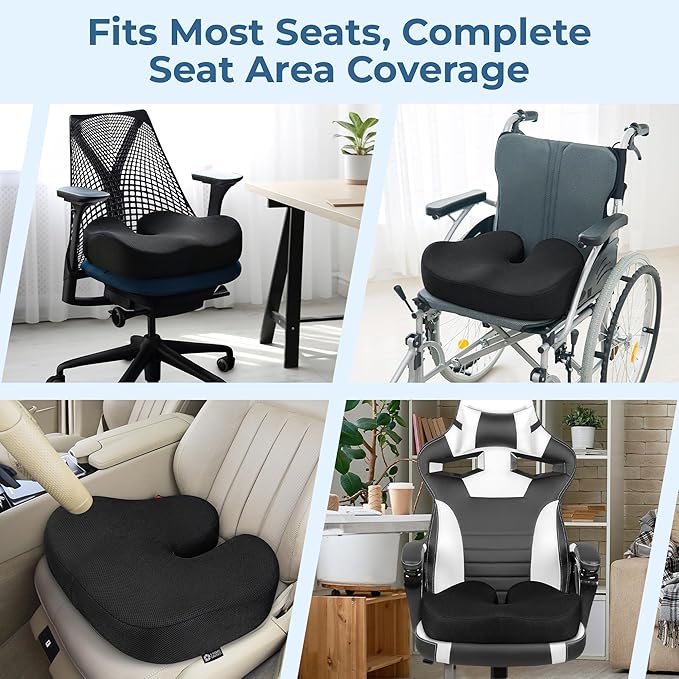 5 STARS UNITED Seat Cushion - Memory Foam Chair Cushion for Tailbone Pain Relief - Ergonomic Support for Coccyx, Sciatica & Butt - Office, Desk & Gaming Chair, Car Seat, Wheelchair, Black