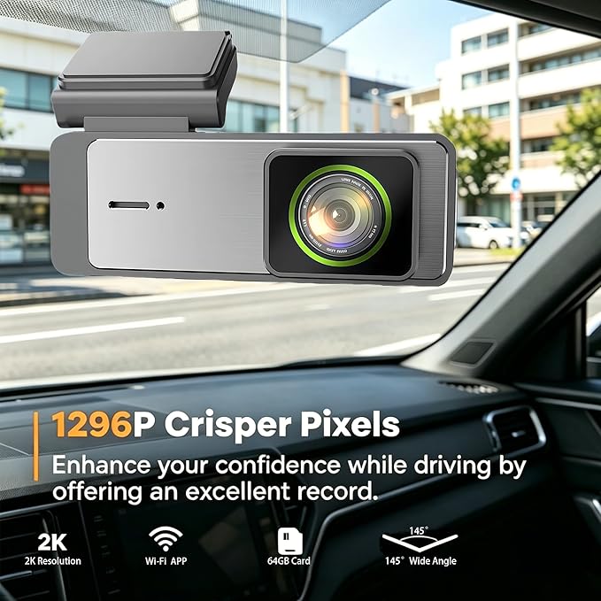 2K Mini Dash Cam Front, 1296P HD Car Camera with 1.97'' Touch Screen, 64GB SD Card Included, 145° Wide Angle Night Vision, G-Sensor Loop Recording, Supports 128GB Max