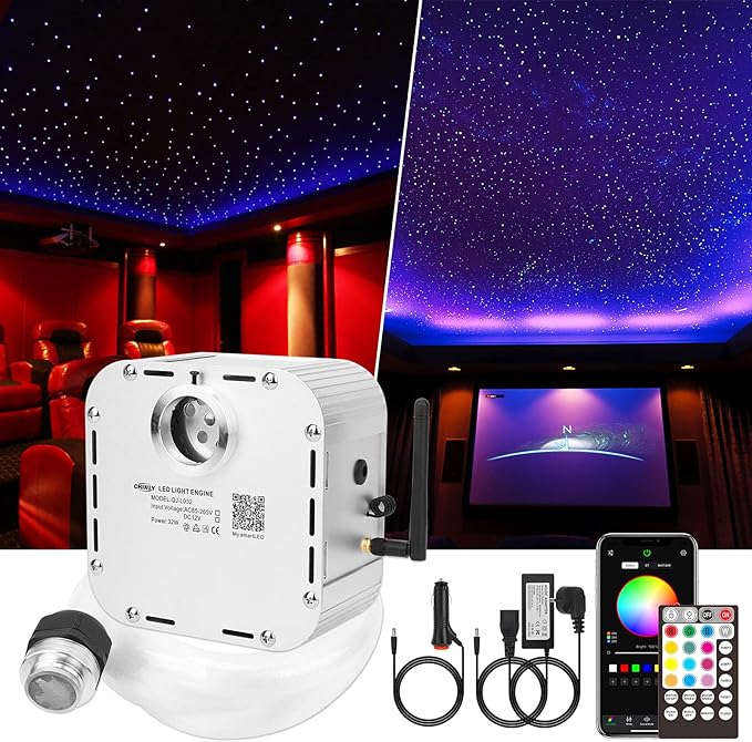 CHINLY 32w Twinkle 1000pcs 0.03in 16.4ft Bluetooth RGBW LED Fiber Optic Star Ceiling Light, APP/Remote Music Mode Headliner Light Kit+Adapter+Cigarette Lighter+10 Crystals, for Headliner/Home Theater