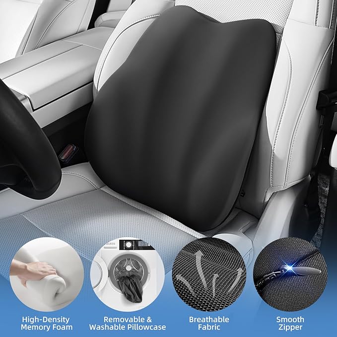 BEBAS Lumbar Support Pillow for Car, Memory Foam Back Cushion for Driving, Ergonomic Lumbar Pillow for Pain Relief, Comfort Lower Back Support for Office Chairs, Car Seat, Wheelchair -Black