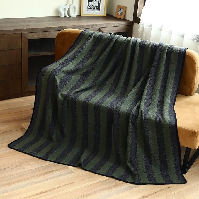 PuTian Merino Wool Blanket - 63" x 51" Thick Warm Soft Twin Bed Throw - Great for Camping, Outdoors, Travel, Car, Couch, All Seasons Green Stripe